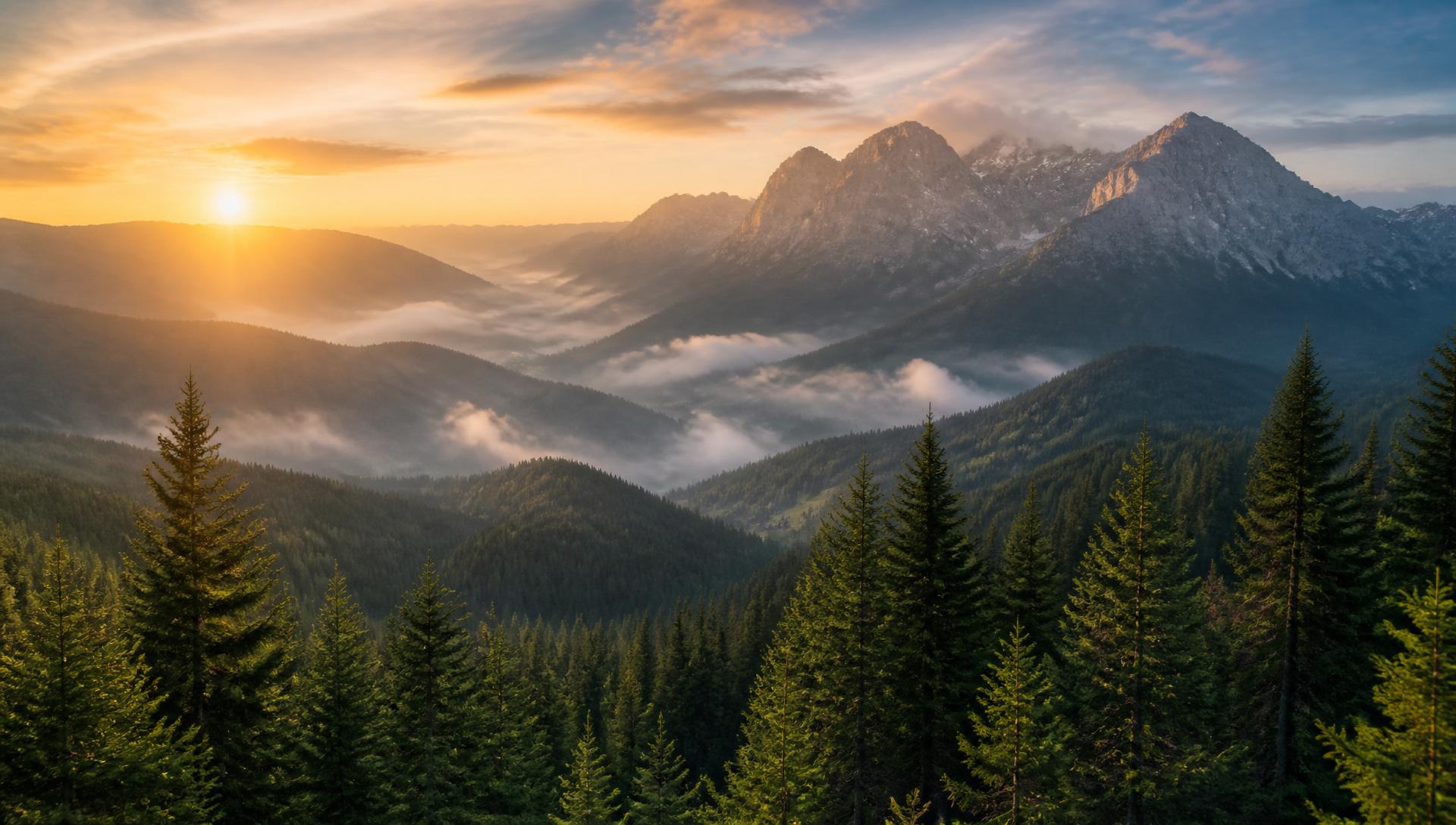 Dawn mountain and forest landscape